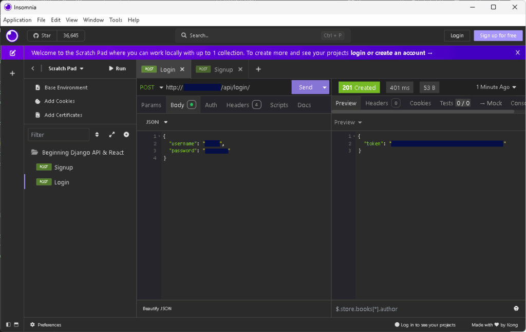 Testing the API with insomnia